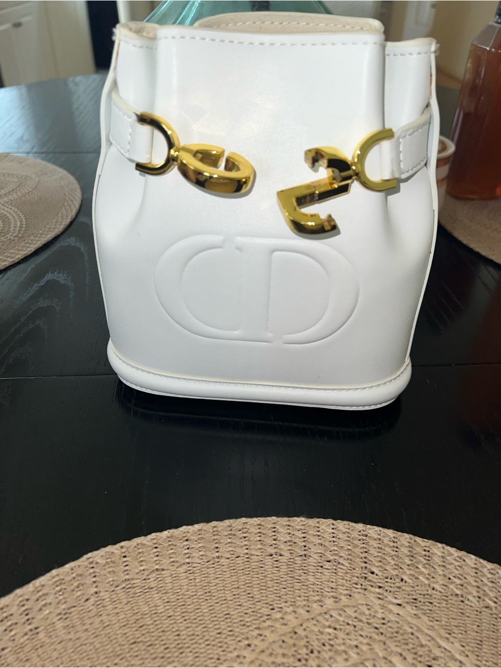 White Mini Bucket Bag with Gold Hardware - Embossed Logo - Picture 6 of 9